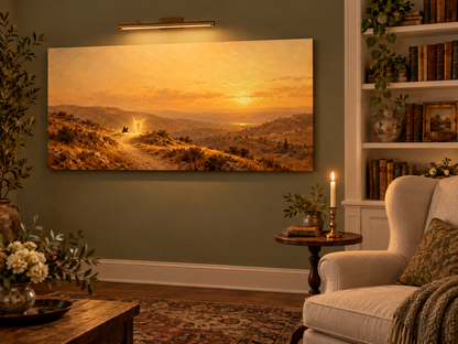 Balaam and the Angel canvas mockup framed on a sage-green sitting room wall with built-in bookshelves and a lit candle