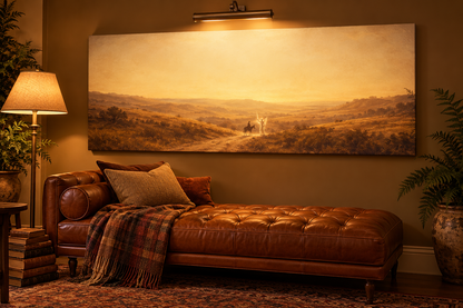 Balaam and the Angel canvas mockup framed above a cognac leather daybed reading nook
