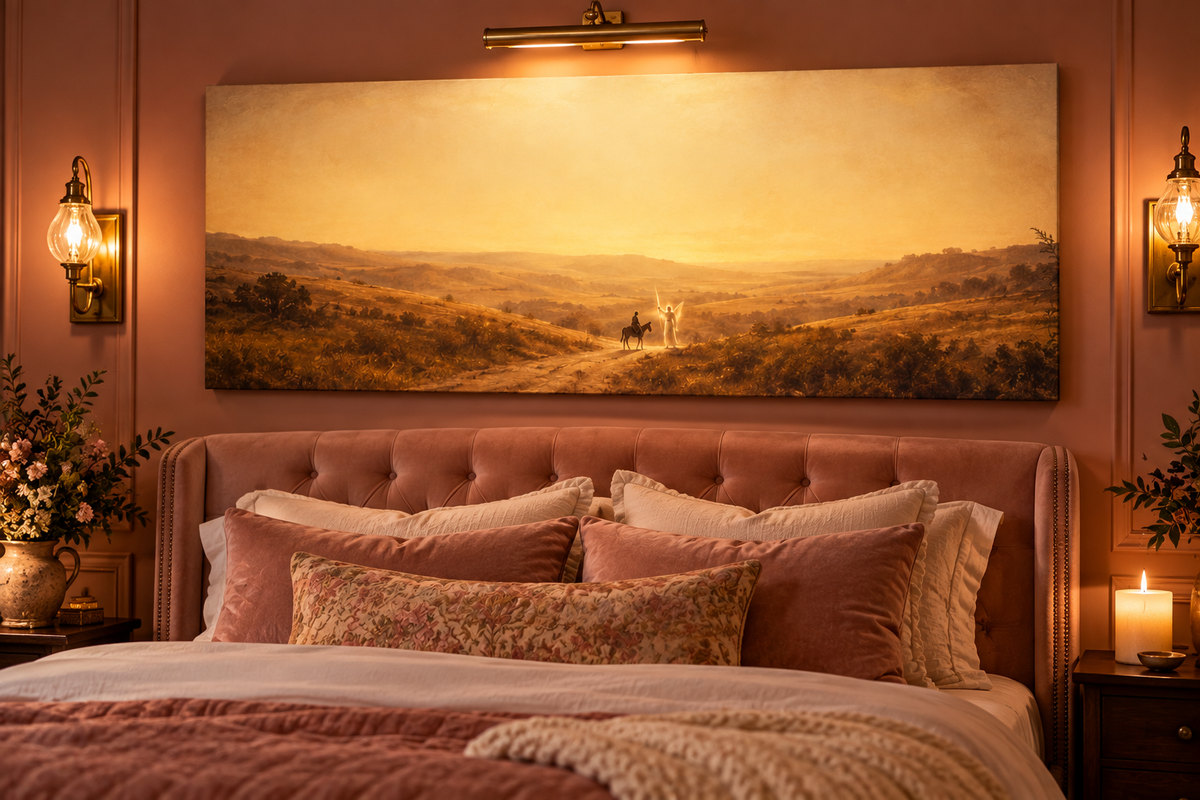 Balaam and the Angel canvas mockup framed on a dusty rose bedroom accent wall with brass sconces