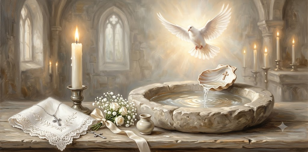 Baptism Christening sacrament dove and font still life