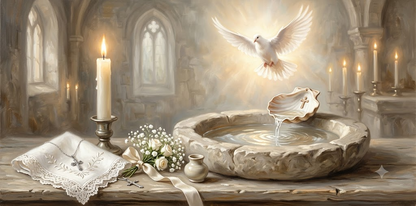 Baptism Christening sacrament dove and font still life