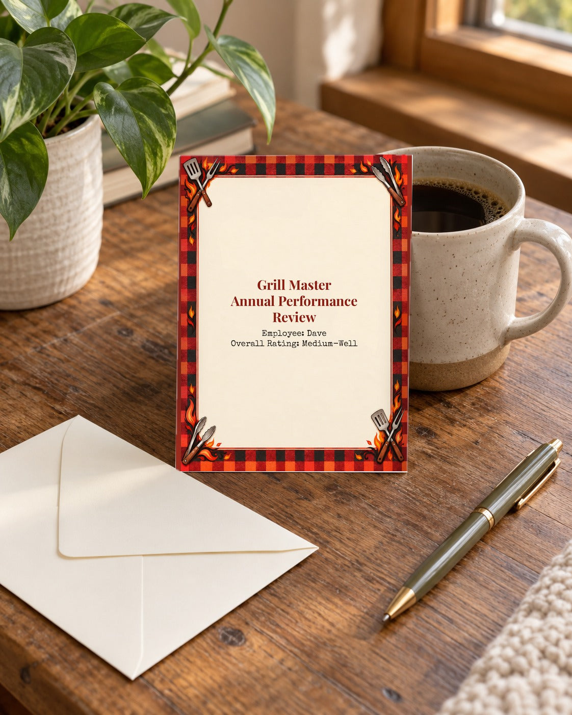 BBQ birthday card on a desk with envelope and pen