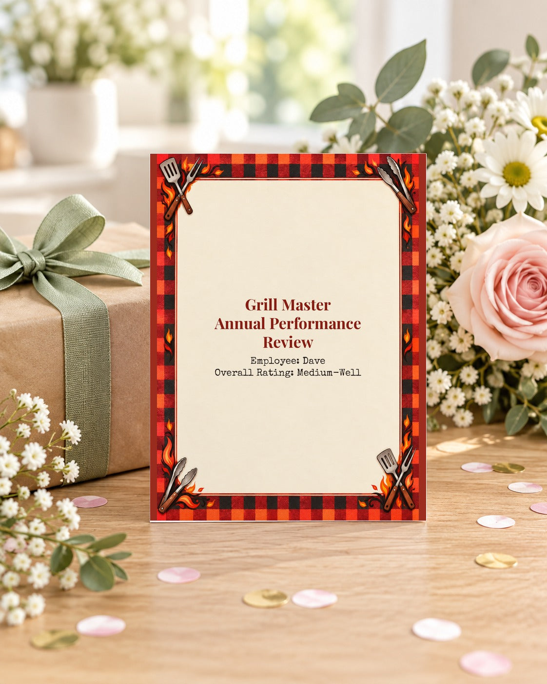 BBQ birthday card with gift and flowers