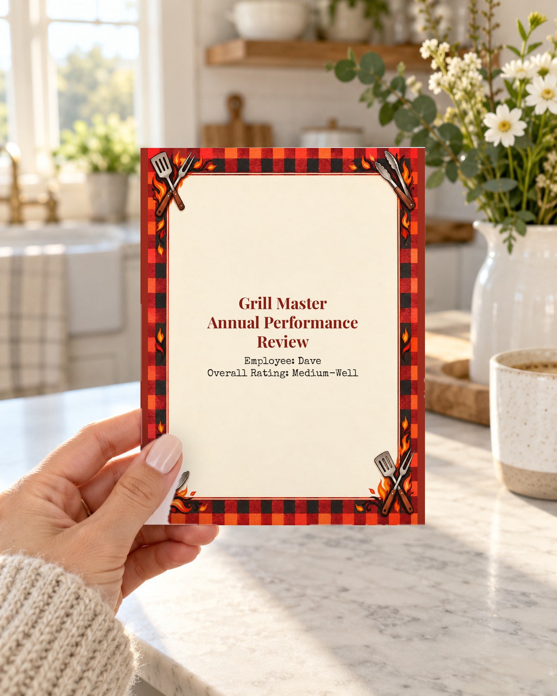 Hand holding a funny grill master performance review birthday card