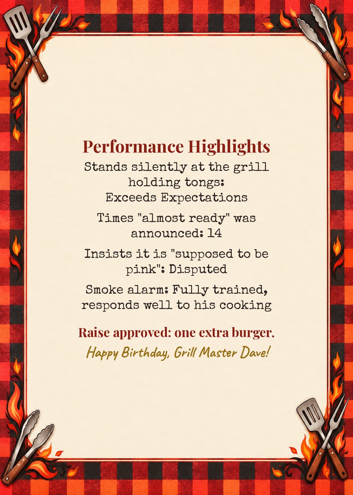 BBQ card inside: performance highlights