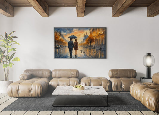Romantic City Stroll Canvas  Personalized Couple Painting Wedding or Anniversary Gift with Names & Date