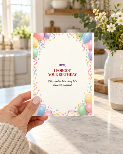 Funny belated birthday card held in hand