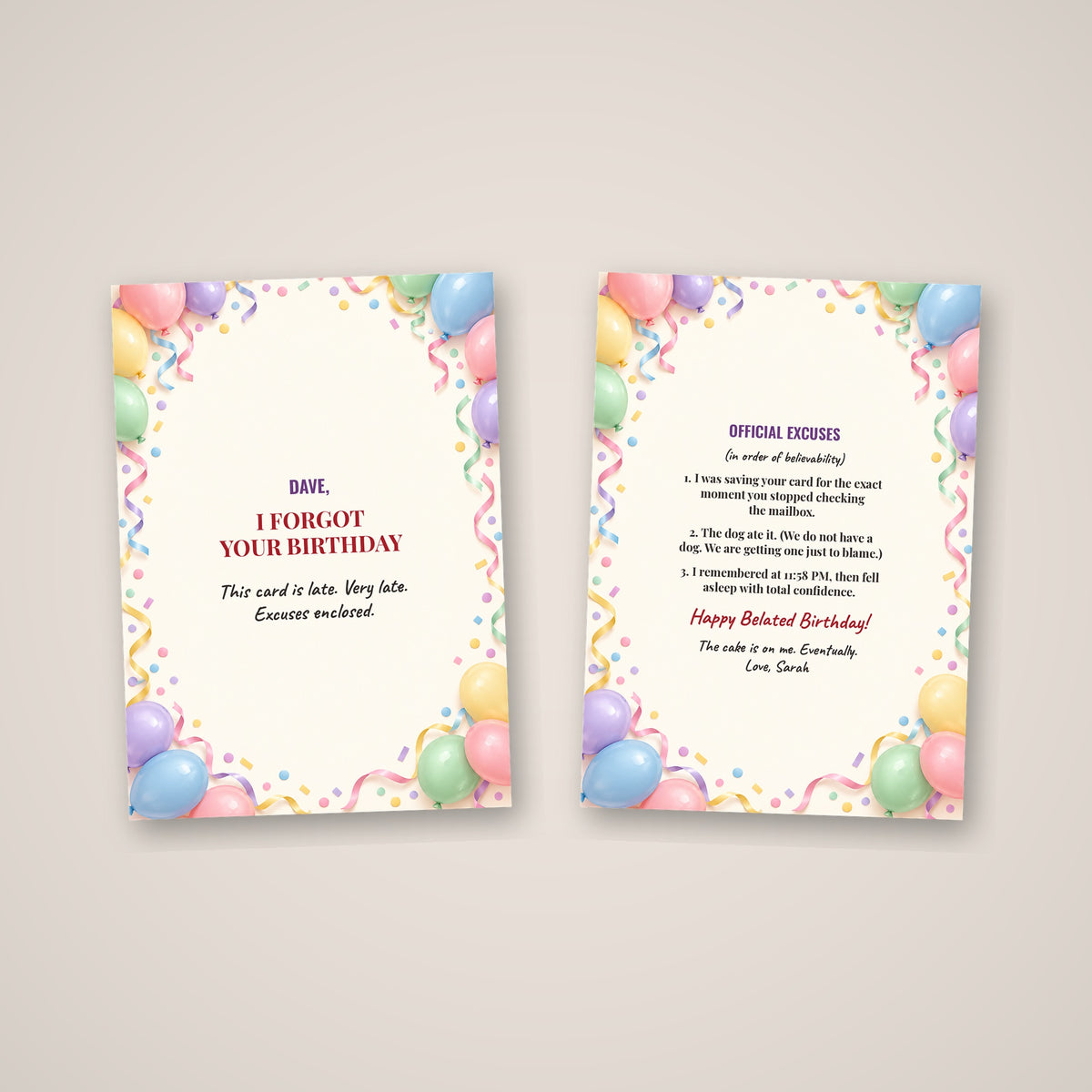 Funny personalized belated birthday card cover and inside