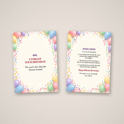 Funny personalized belated birthday card cover and inside