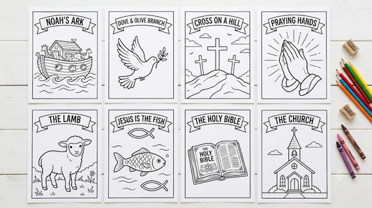 Bible coloring pages for kids preview — Noah's ark, dove, cross, lamb, church line art