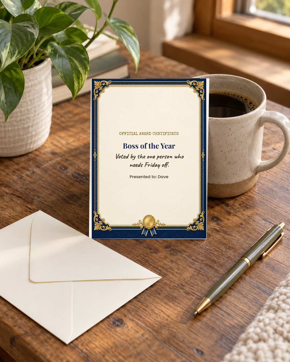 Boss of the Year card on desk with envelope and pen