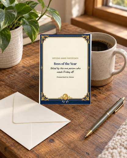 Boss of the Year card on desk with envelope and pen