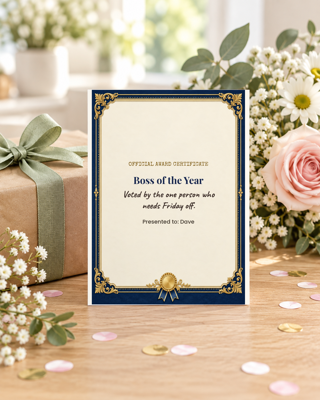 Boss of the Year card styled with a wrapped gift and flowers