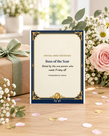 Boss of the Year card styled with a wrapped gift and flowers