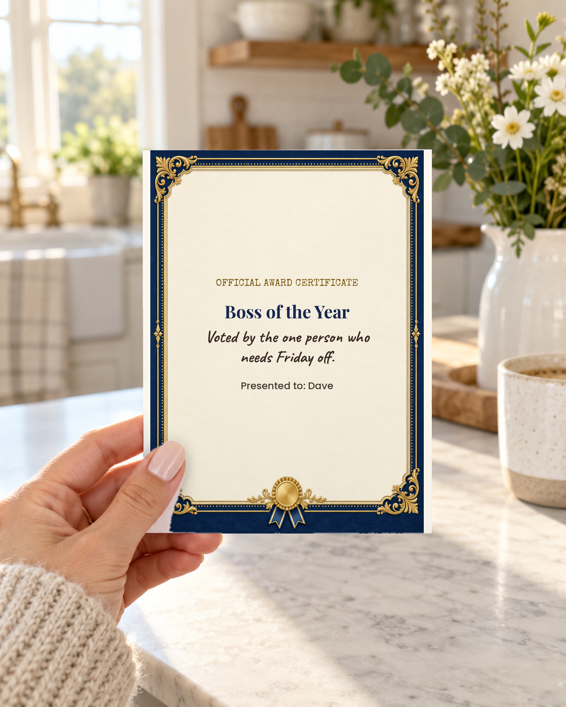 Hand holding Boss of the Year funny Boss's Day card