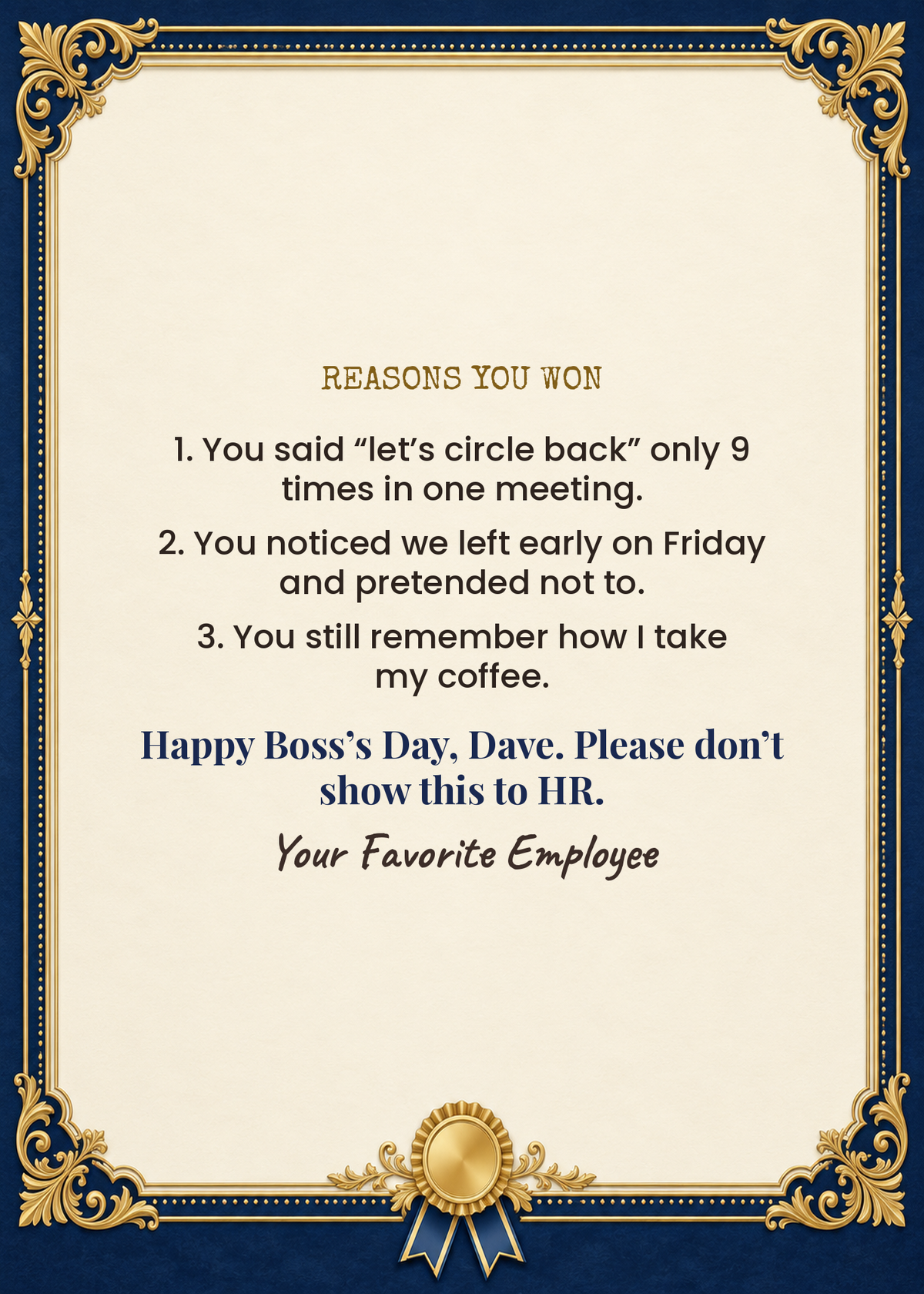 Card inside: reasons you won Boss of the Year