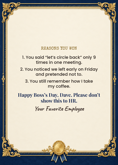Card inside: reasons you won Boss of the Year
