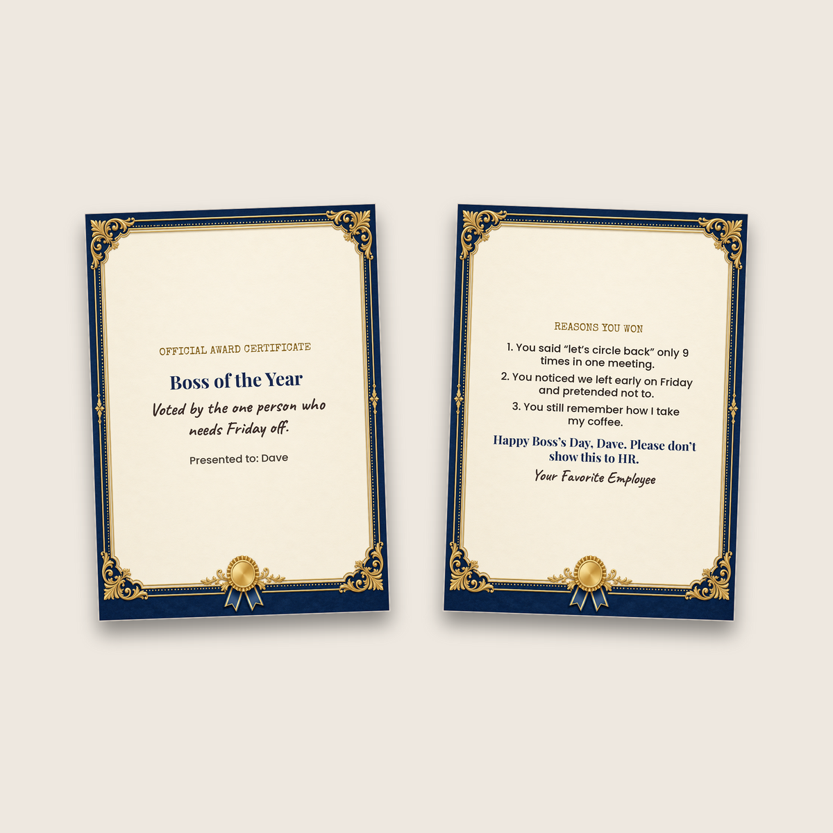 Boss of the Year card cover and inside side by side