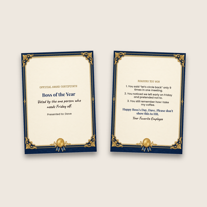 Boss of the Year card cover and inside side by side