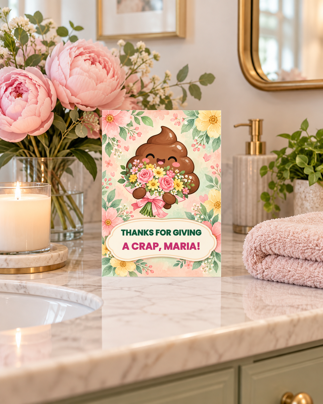 Funny thank you card on a vanity with peonies