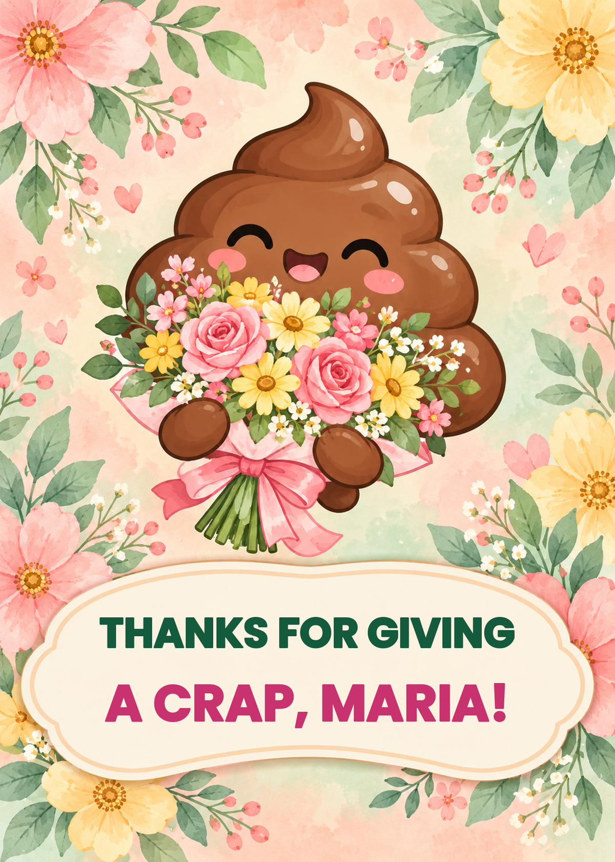 Thanks for Giving a Crap funny thank you card with cute poop emoji holding flowers