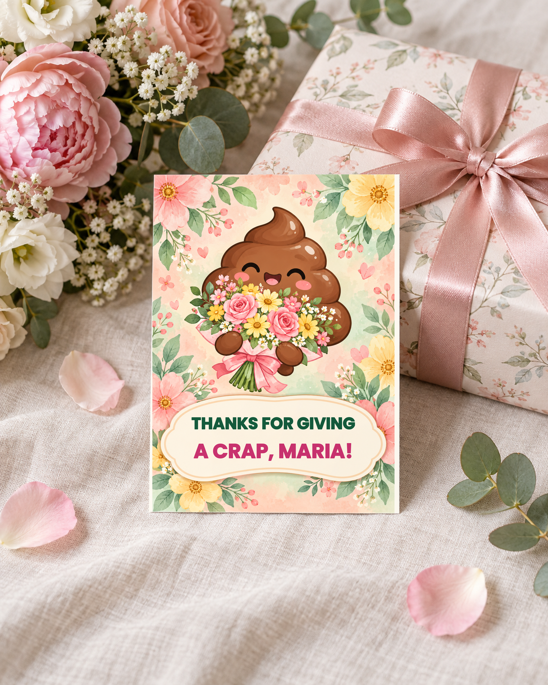 Thank you card leaning on a pink gift with flowers