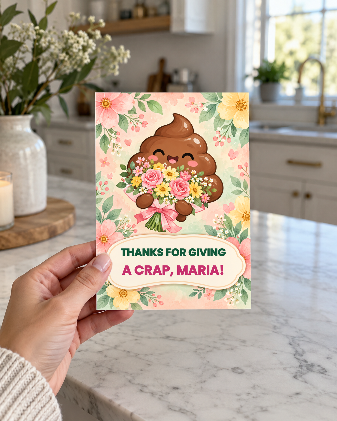 Hand holding the floral thank you card in a kitchen