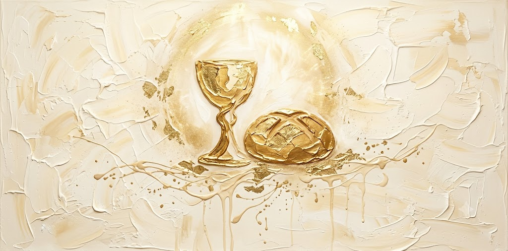 Bread and wine communion gold abstract painting