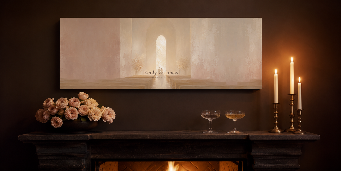 Personalized bride and groom canvas above a dark stone mantel with roses, champagne and brass tapers