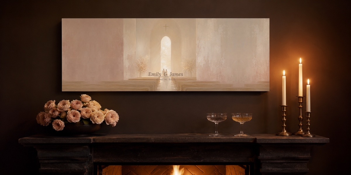 Personalized bride and groom canvas above a dark stone mantel with roses, champagne and brass tapers