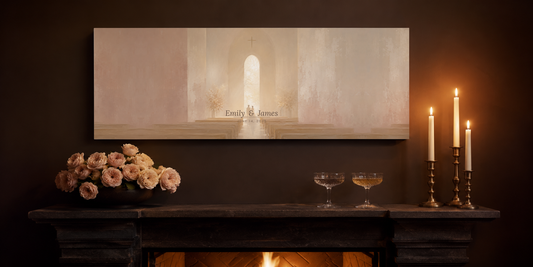 Personalized bride and groom canvas above a dark stone mantel with roses, champagne and brass tapers