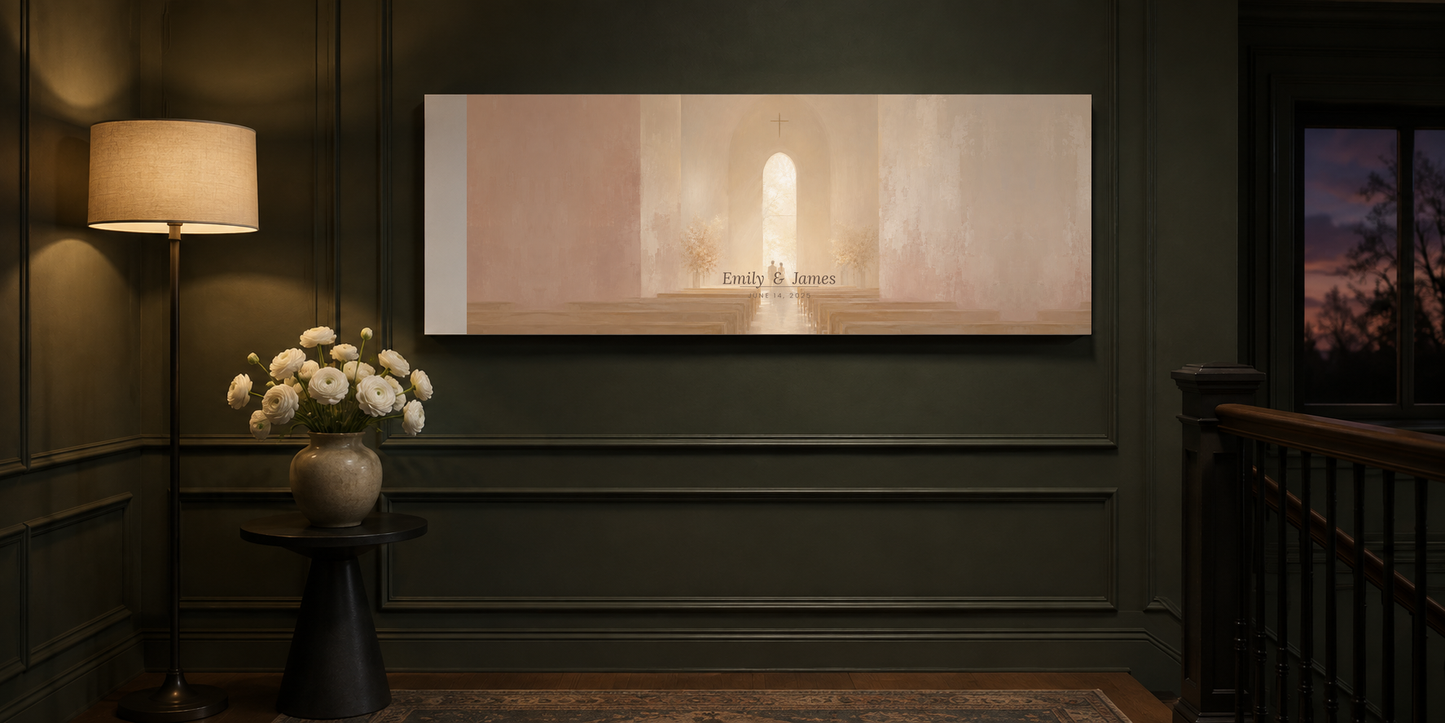 Personalized wedding canvas on a dark olive-teal panelled hallway wall