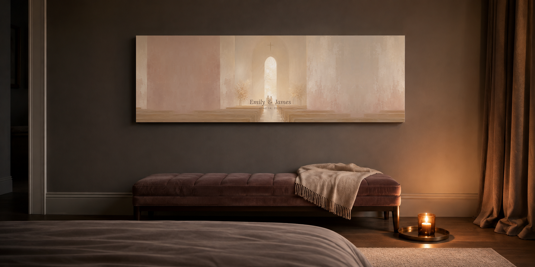 Personalized wedding canvas above a velvet bench in a moody warm-grey bedroom