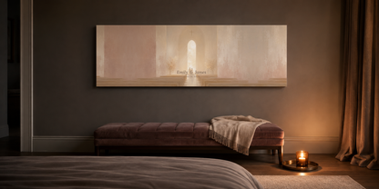 Personalized wedding canvas above a velvet bench in a moody warm-grey bedroom