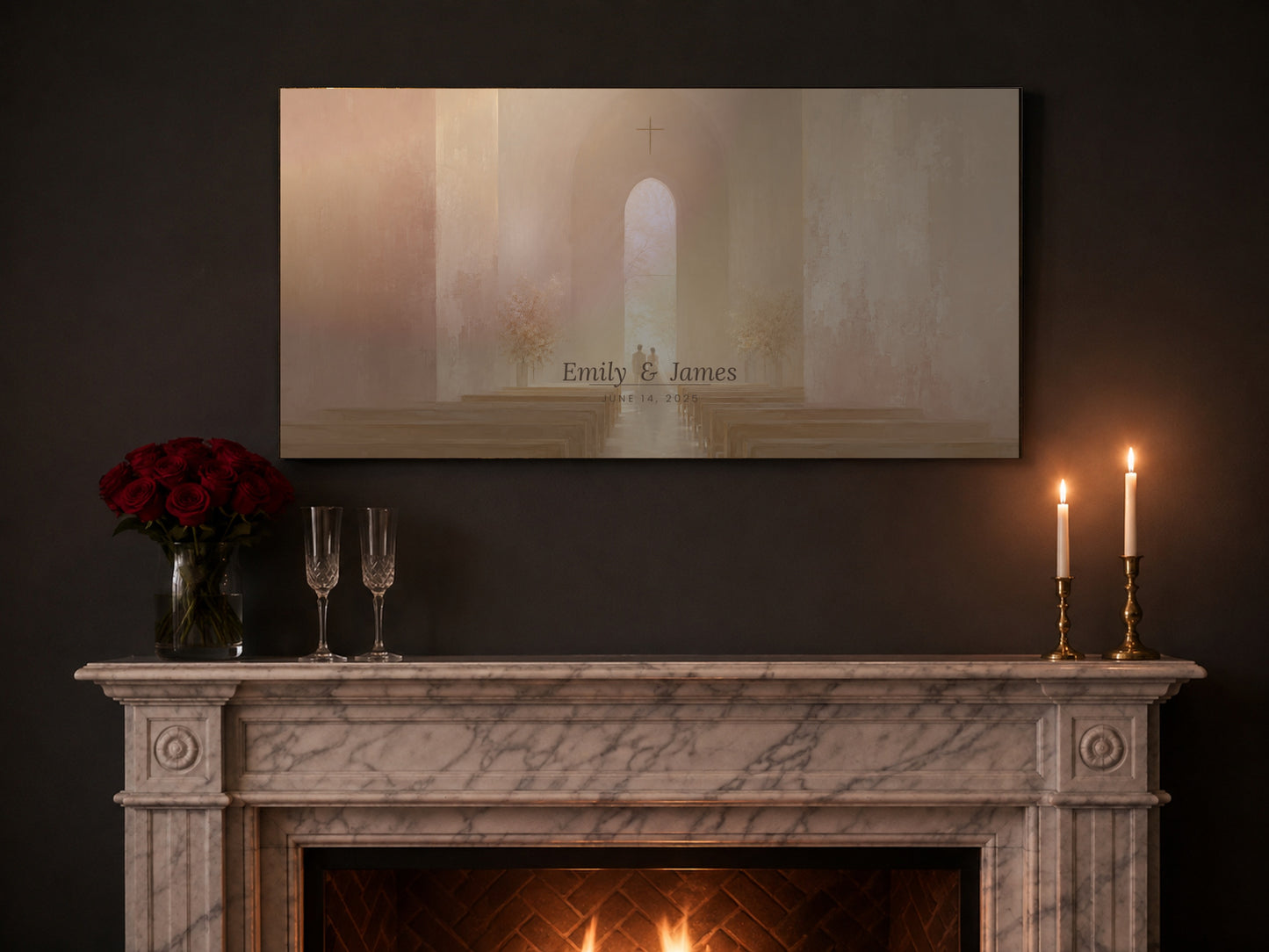 Personalized bride and groom chapel canvas above a marble mantel with red roses