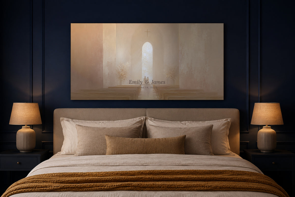 Personalized bride and groom chapel canvas above a bed on a navy panelled wall