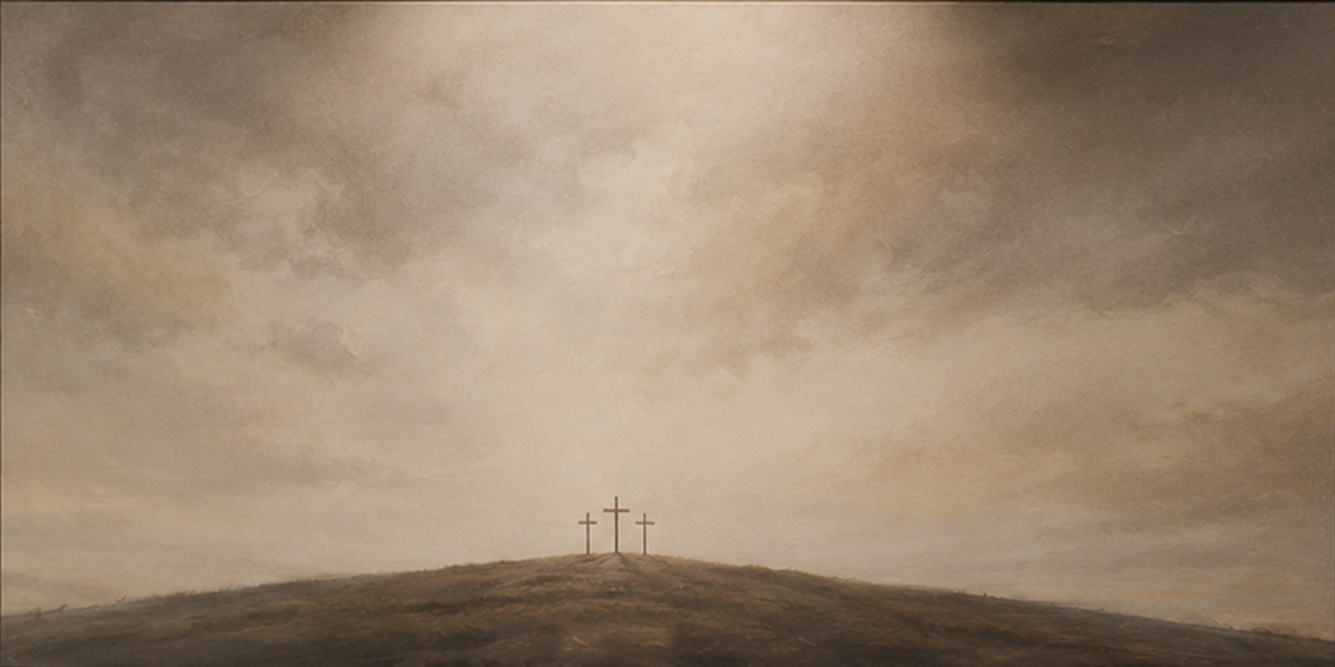 Three Crosses at Calvary flat canvas art, warm sepia panoramic Christian wall art