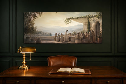 Wedding at Cana canvas above a walnut desk in a deep green study with brass banker lamp