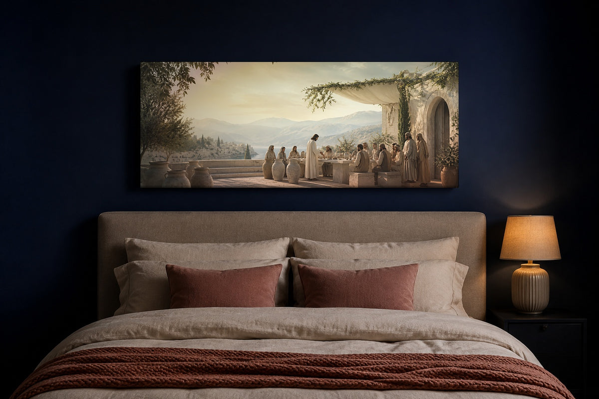 Wedding at Cana canvas above a bed on a navy wall with dusty rose linens