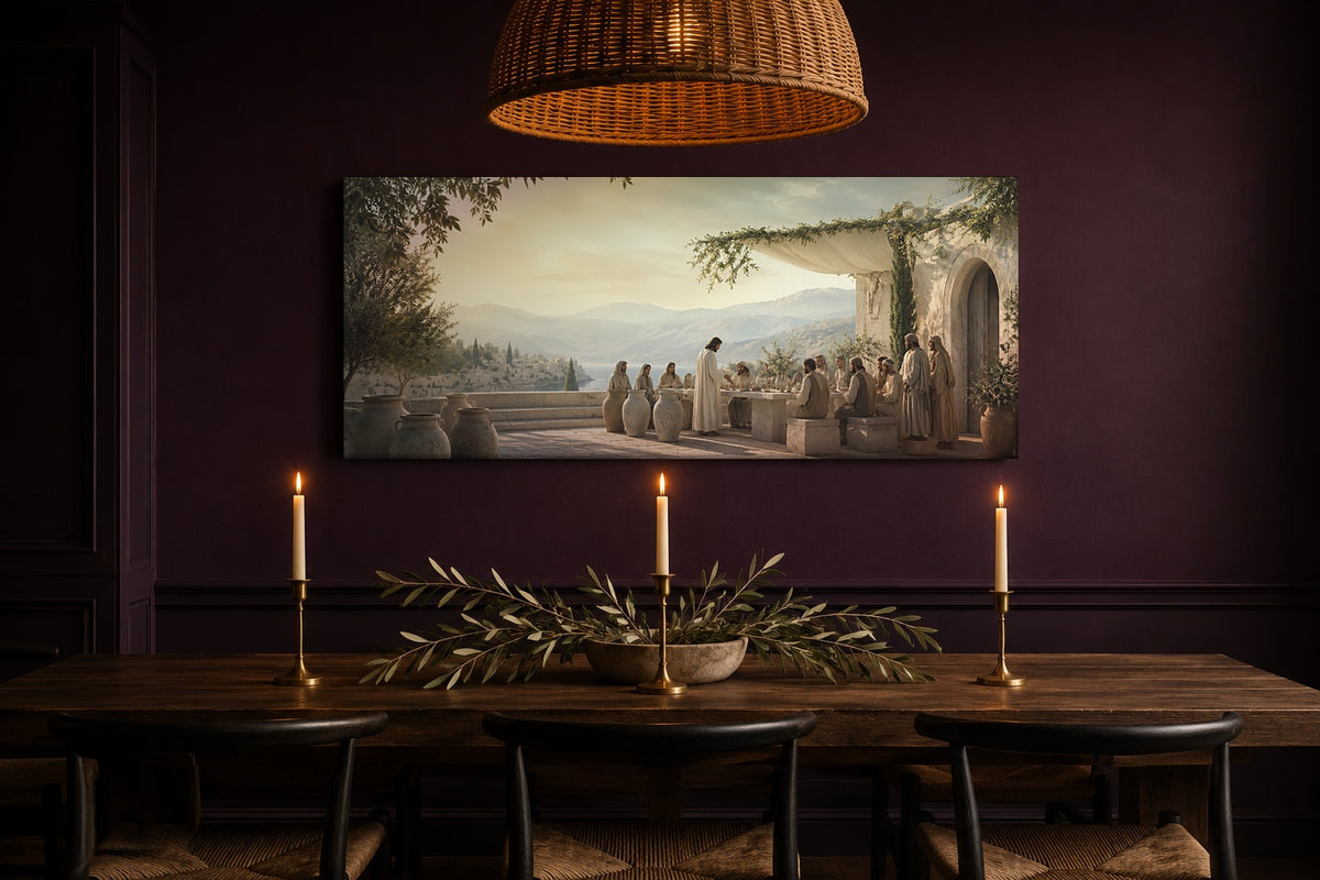 Wedding at Cana canvas in a plum dining room with taper candles and olive branches