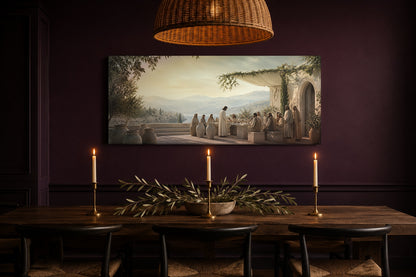 Wedding at Cana canvas in a plum dining room with taper candles and olive branches