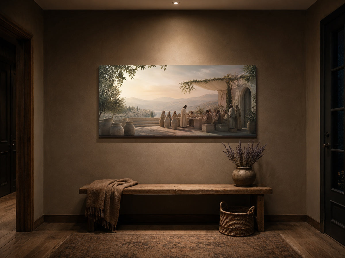 Wedding at Cana canvas in a warm taupe hallway above a wooden bench