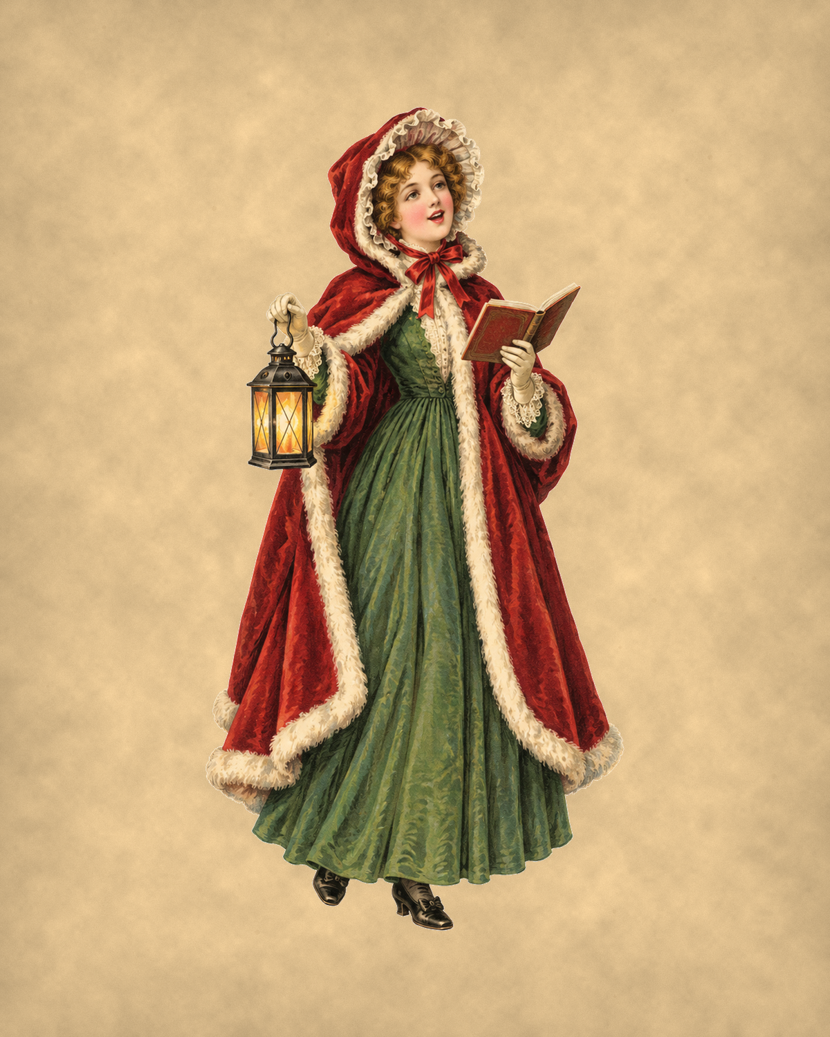 Vintage Victorian Christmas caroler with lantern and songbook on tea-stained parchment