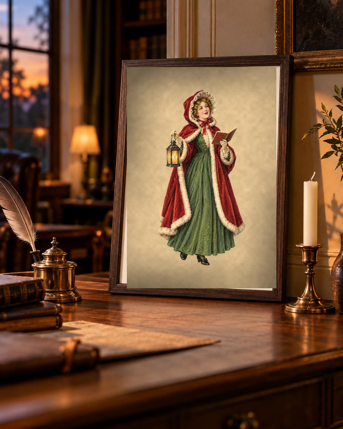 Vintage Christmas caroler 8x10 print framed on a walnut desk with candlelight