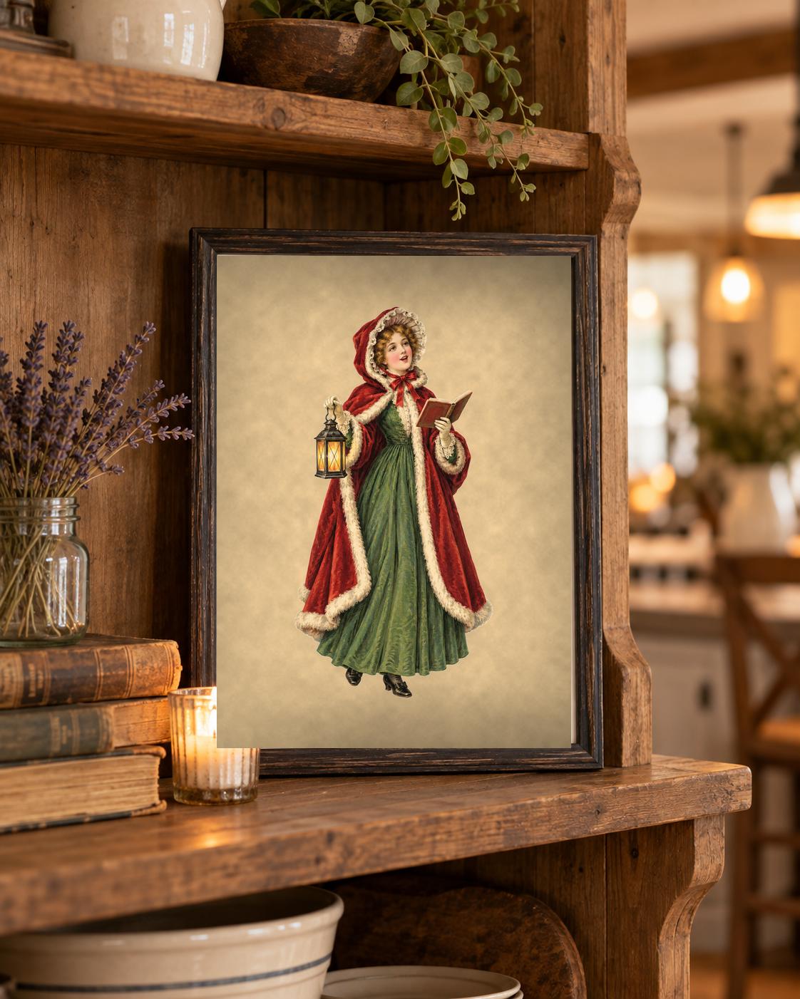 Vintage Christmas caroler 8x10 print framed on a farmhouse hutch shelf