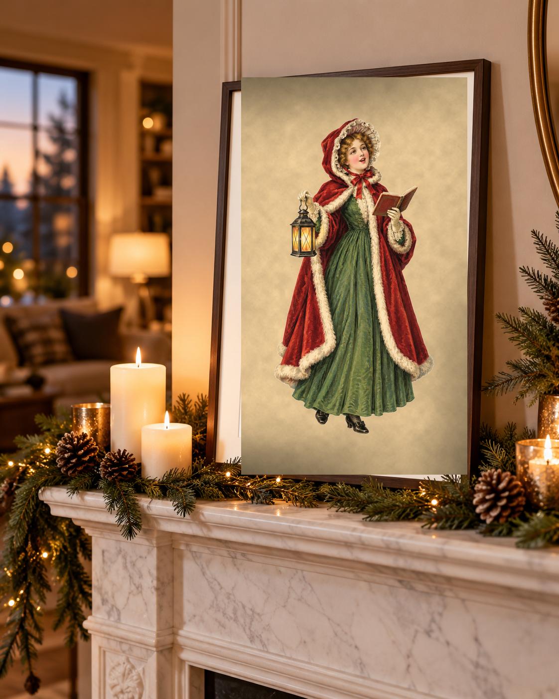 Vintage Christmas caroler 8x10 print framed on a marble mantel with pine garland