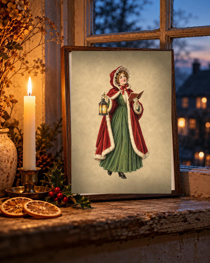Vintage Christmas caroler 8x10 print framed on a cottage windowsill at dusk