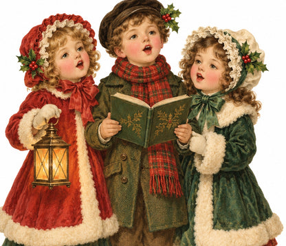 Detail of the Victorian carolers illustration with lantern and carol book