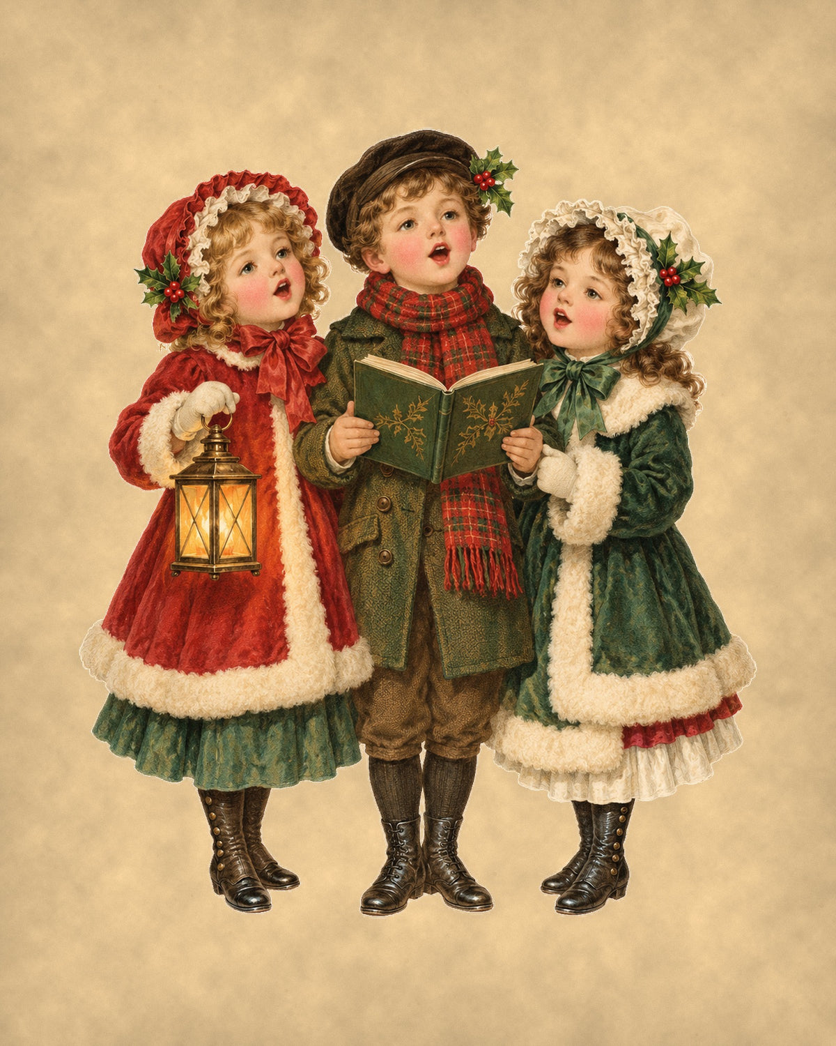 Vintage Victorian Christmas carolers 8x10 print on tea-stained parchment