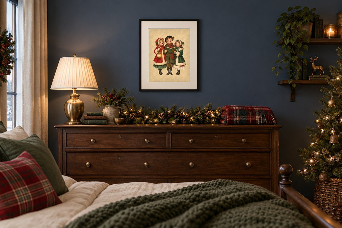 Vintage Victorian Christmas carolers print framed above a bedroom dresser